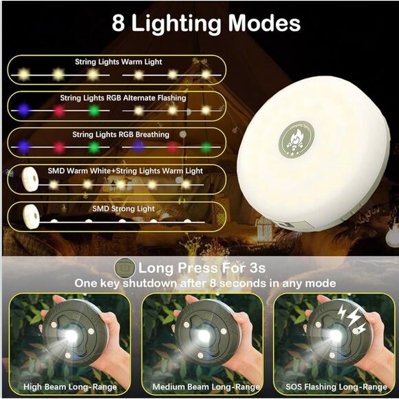 4-IN-1 Portable Camping LED String Multifunctional Lights USB Rechargeable 33FT - Picture 4 of 12